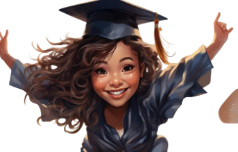 Ilustração de Estudante universitária de toga e capelo académico, simbolizando sucesso académico e contacto no site Fazer Trabalhos Académicos