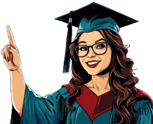 Ilustração de estudante universitária com toga e capelo, simbolizando apresentações em diferentes formatos para trabalhos académicos e projetos de curso