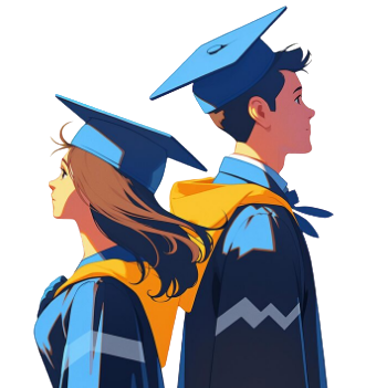 Ilustração de estudante e estudante universitária com toga e capelo, encostados de costas, representando trabalhos académicos e monografias em outros idiomas