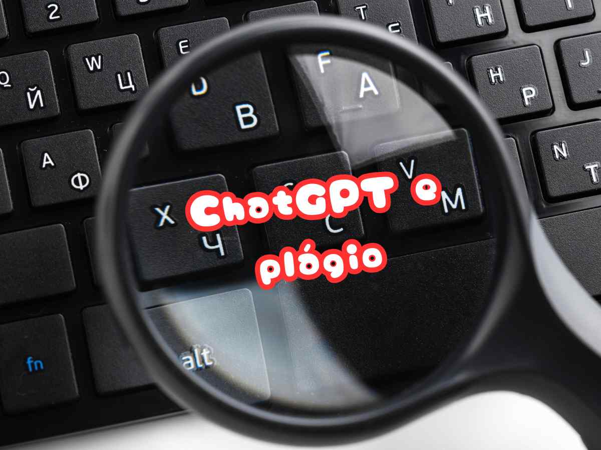 ChatGPT e plágio ampliado por lupa sobre teclado preto
