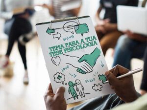 Ilustração de tema para tese de psicologia, com conceitos como discussão e solução representados em um quadro.